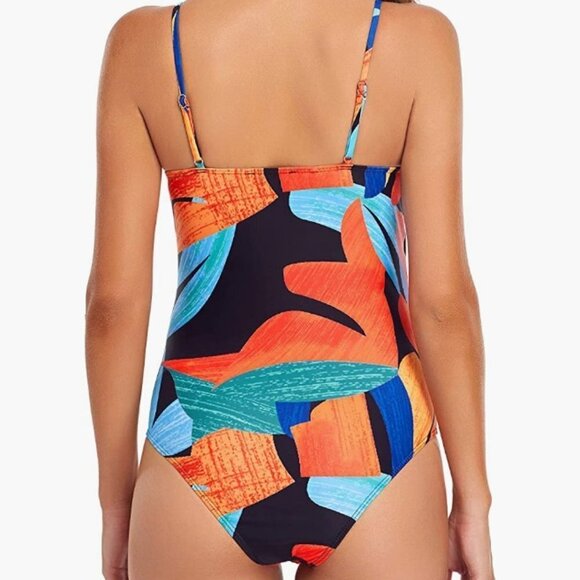 One Piece Swimsuit Tummy Control Gathers Tie Waist Petals Pattern Design, XXL - Picture 2 of 6